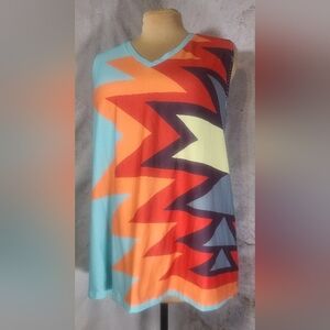 Sleeveless Blue Orange Red V-Neck Athletic Tank Top w Asymetrical Print 3XL